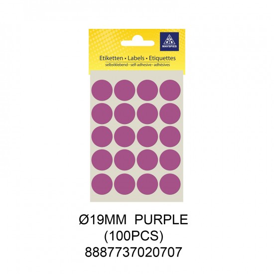 MAYSPIES MS019 COLOUR DOT LABEL / 5 SHEETS/PKT / 100PCS / ROUND 19MM PURPLE